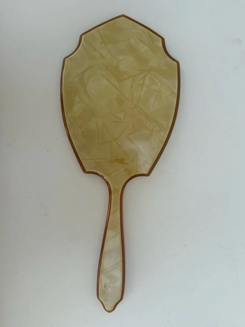 Vtg Art Deco Pearlized Celluloid Bakelite Hand Held Mirror -Beveled Glass READ